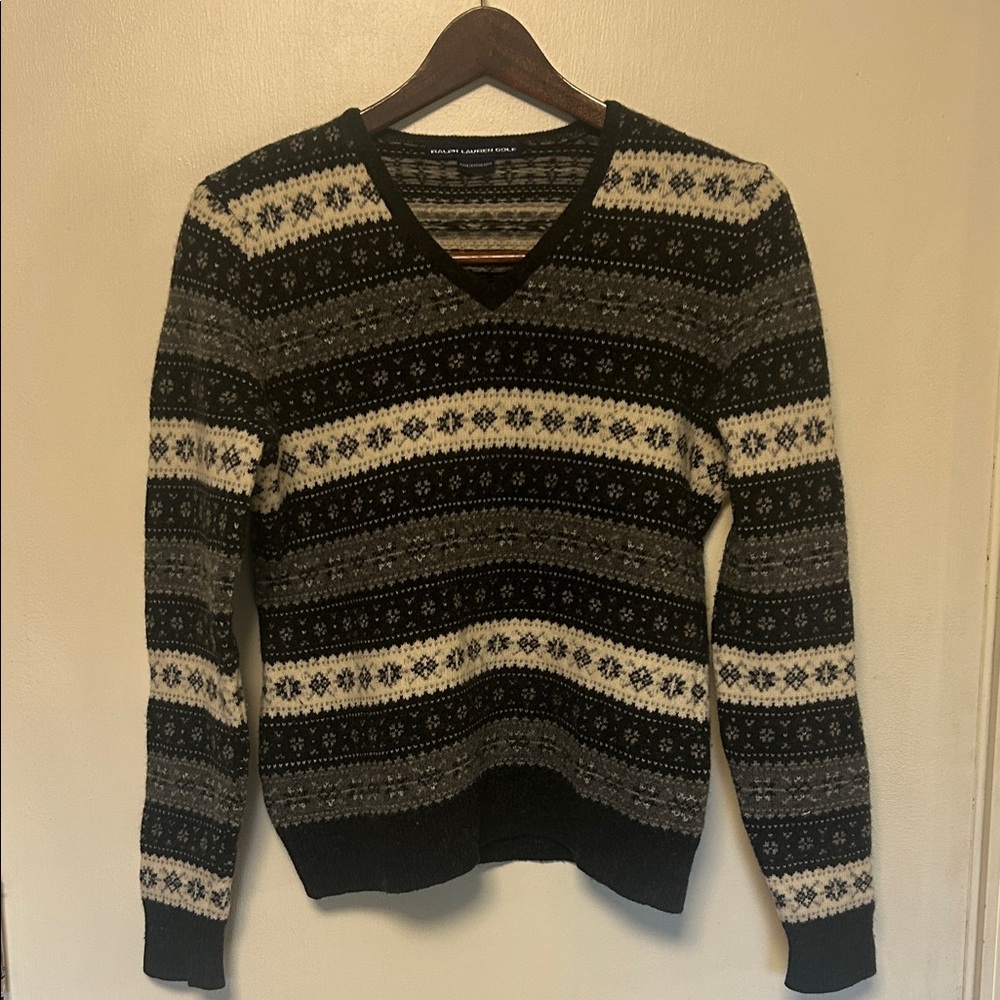 Polo Ralph Lauren Black and Cream V-Neck Sweater.  Lambs Wool